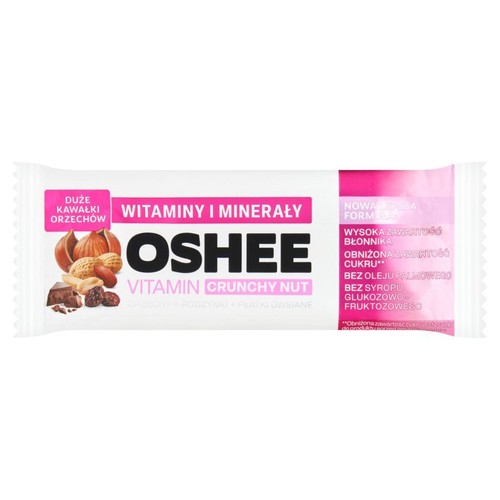 Baton OSHEE Vitamin Crunchy Nut z dużymi kawałkami orzechów, witaminami i minerałami. Bez oleju palmowego i syropu glukozowo-fruktozowego.
