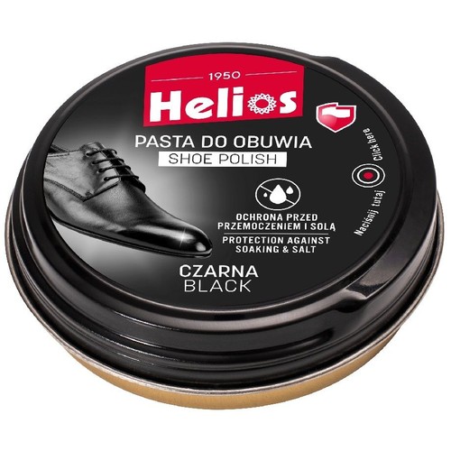 Czarna pasta do obuwia Helios w okrągłym opakowaniu. Zapewnia ochronę przed przemoczeniem i solą. Widoczny napis "Czarna".