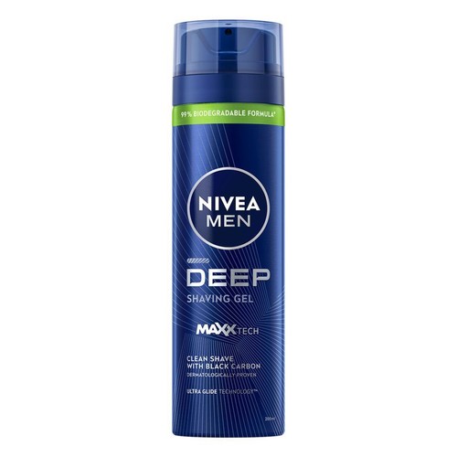 NIVEA MEN DEEP Żel do golenia w ciemnoniebieskiej butelce z przezroczystą nakrętką, 200 ml. Zawiera czarny węgiel dla gładkiego golenia. Formuła jest w 99% biodegradowalna i testowana dermatologicznie.