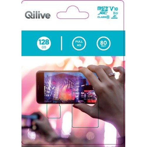 Opakowanie karty Qilive MicroSD 128 GB. Specyfikacja: Class 10, A1, V10, U1, Full HD, 80 MB/s. Ilustracja telefonu nagrywającego koncert.