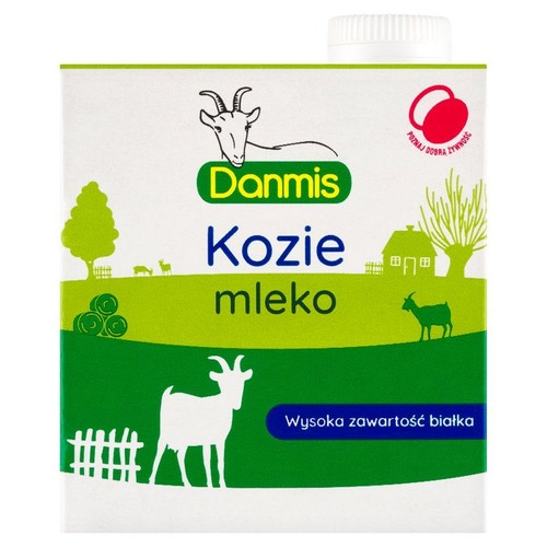 Karton mleka koziego Danmis z grafiką kóz i wiejskiego krajobrazu. Na opakowaniu napis "Wysoka zawartość białka".