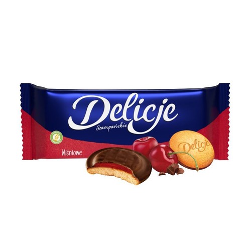 Opakowanie Delicji Szampańskich Wiśniowych. Na ciemnoniebieskim tle grafika biszkoptu w czekoladzie z wiśniowym nadzieniem i wiśni.