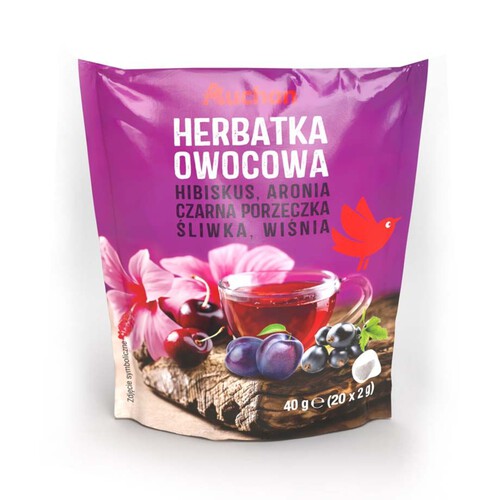 Herbatka owocowa hibiskus. aronia. czarna porzeczka. śliwka. wiśnia  Auchan 20 torebek