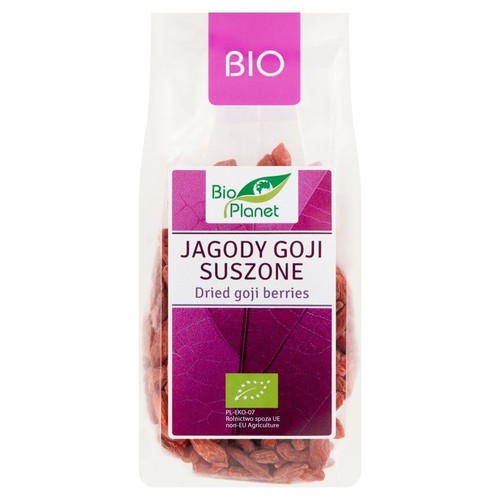Bio Planet Jagody Goji Suszone w przezroczystym opakowaniu z fioletową etykietą. Produkt ekologiczny.