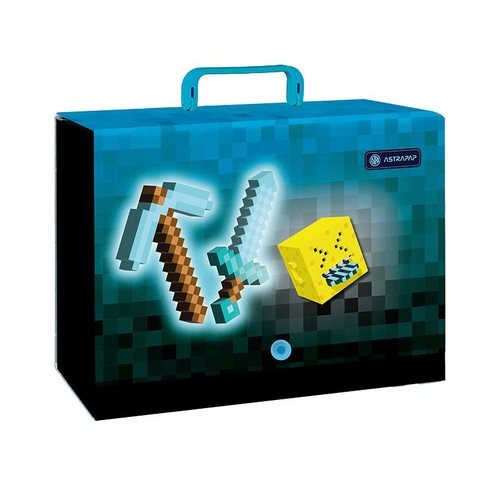 Niebieska teczka ASTRAPAP z grafiką Minecraft: pikselowany kilof, miecz i żółty blok. Ma uchwyt i okrągłe zapięcie.