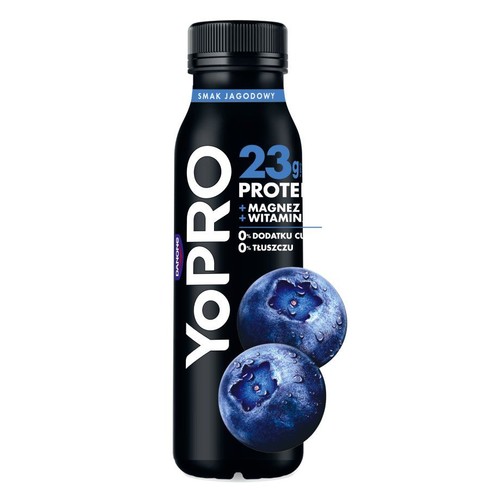 Napój proteinowy YoPRO, smak jagodowy. Butelka z 23g białka, magnezem, witaminami. 0% dodanego cukru, 0% tłuszczu.