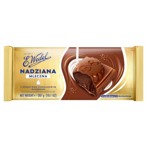 Złote opakowanie czekolady mlecznej E. Wedel Nadziana Mleczna, 287 g. Na opakowaniu widnieje nazwa produktu oraz grafika przedstawiająca przekrojoną kostkę czekolady z intensywnym czekoladowym nadzieniem, polaną mlekiem.