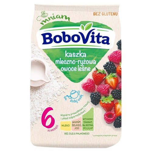 Opakowanie kaszki BoboVita mleczno-ryżowej z owocami leśnymi. Produkt bezglutenowy, dla niemowląt po 6. miesiącu.