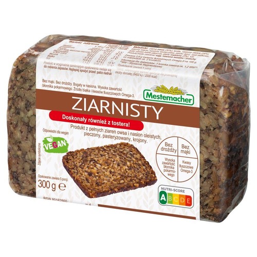 Mestemacher Ziarnisty, 300g. Wegański chleb bez mąki i drożdży, bogaty w nasiona. Z pełnych ziaren owsa i nasion oleistych. Krojony, pieczony, pasteryzowany. Wysoka zawartość błonnika, źródło białka i kwasów tłuszczowych Omega-3.