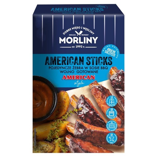 Opakowanie Morliny American Sticks. Pojedyncze żebra w sosie BBQ, wolno gotowane, z pieczonymi ziemniakami i sosem.