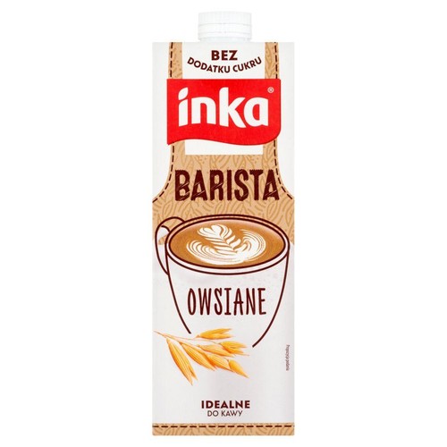 Opakowanie napoju owsianego Inka Barista 1 litr. Na kartonie widoczna jest grafika filiżanki kawy z mleczną pianką i kłosami owsa.