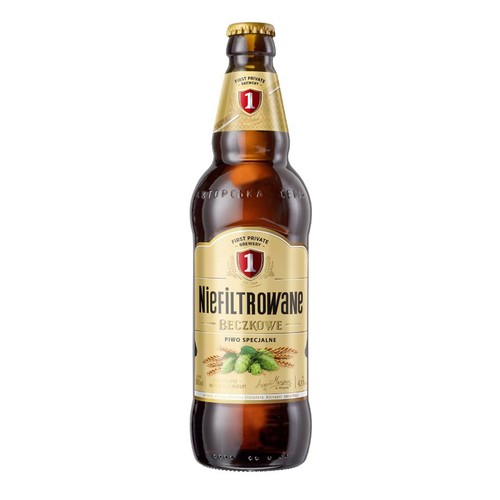 Butelka piwa specjalnego NieFILTROWANE BECZKOWE, 450 ml. Brązowe szkło, złota zakrętka. Etykieta w kolorze złotym z czarnym napisem "NieFILTROWANE BECZKOWE" i grafiką chmielu oraz jęczmienia. Logo browaru "FIRST PRIVATE BREWERY".