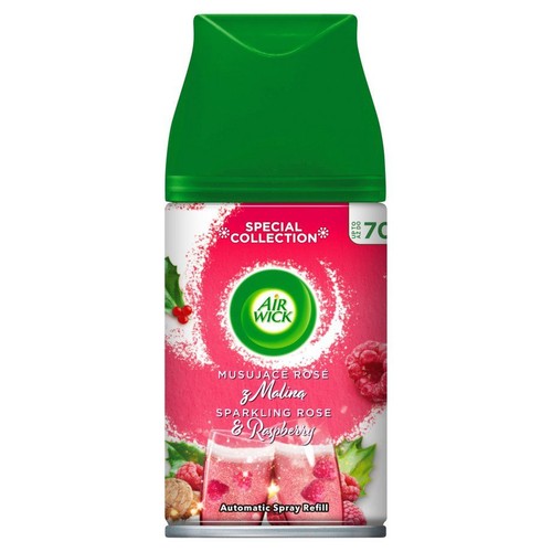 Wkład Air Wick Automatic Spray Refill, edycja specjalna Musujące Rosé z Maliną. Różowa etykieta z owocami.