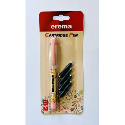 Pióro na naboje Erema z różową skuwką i 5 czarnymi nabojami w blistrze. Stalówka 0.5 mm.