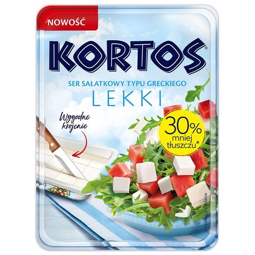 Opakowanie sera sałatkowego KORTOS typu greckiego Lekki. Na etykiecie widnieje napis "NOWOŚĆ" oraz informacja o 30% mniejszej zawartości tłuszczu. Grafika przedstawia ser krojony w kostkę oraz sałatkę z serem, arbuzem i rukolą.