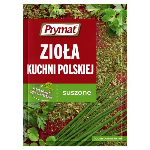 Opakowanie ziół Prymat Kuchni Polskiej, suszone. Czerwono-zielona etykieta z grafiką świeżych ziół.