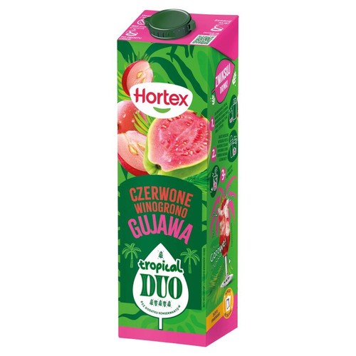 Napój Hortex Tropical Duo, 1 litr, w kartonie z zieloną nakrętką. Na zielono-różowym opakowaniu widnieją ilustracje czerwonych winogron i gujawy. Etykieta informuje o smaku czerwonego winogrona i gujawy oraz braku dodatku konserwantów.