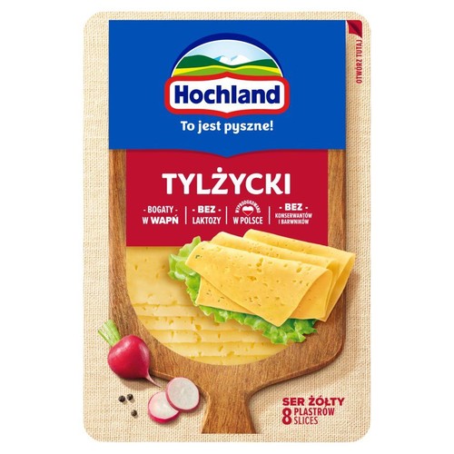 Opakowanie sera Hochland Tylżycki w plastrach. 8 sztuk, bez laktozy i konserwantów. Z dodatkiem rzodkiewek i sałaty.
