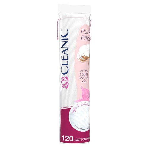 Opakowanie 120 wacików Cleanic, wykonanych ze 100% bawełny. Produkt do pielęgnacji twarzy.
