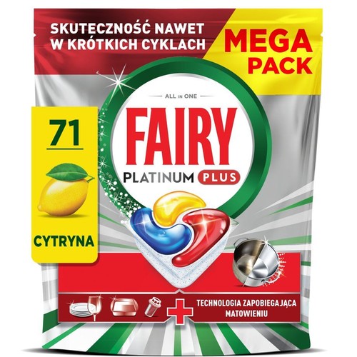 Opakowanie Fairy Platinum Plus, 71 tabletek do zmywarki o zapachu cytrynowym. Technologia zapobiegająca matowieniu.