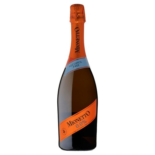 Butelka bezalkoholowego wina musującego Mionetto 0.0%. Ma charakterystyczny kształt butelki do prosecco, z pomarańczową folią na szyjce i pomarańczową etykietą z nazwą produktu oraz informacją "Alcohol Free".