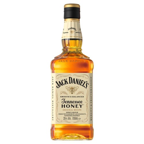 Jack Daniel's Tennessee Honey, likier na bazie whiskey, 700ml, 35% obj. Butelka z kremową etykietą, na której widnieje pszczoła, nazwa produktu oraz informacja o gładkim i zbalansowanym smaku.