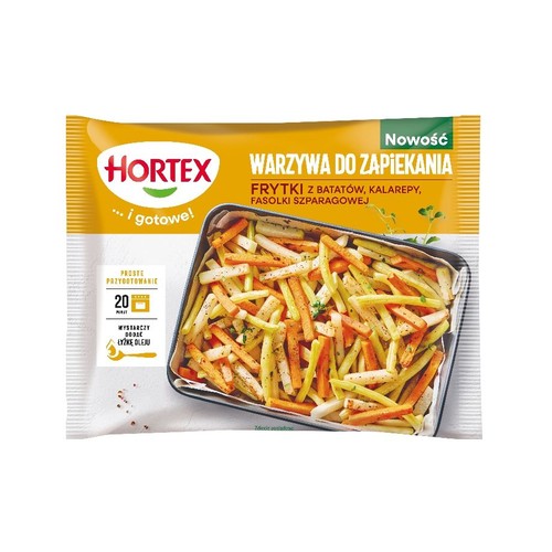 Żółto-białe opakowanie Hortex z warzywami do zapiekania. Frytki z batatów, kalarepy i fasolki szparagowej. Grafika warzyw w brytfannie.