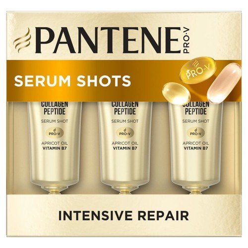 Złote opakowanie Pantene Pro-V Serum Shots z trzema ampułkami. Zawiera peptyd kolagenowy, olejek morelowy i witaminę B7.