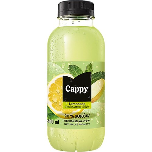 Butelka Cappy Lemonade o smaku cytrynowo-miętowym, 400 ml. Na etykiecie grafika cytryny i mięty. Zawiera 20% soków, bez konserwantów i z naturalnymi aromatami.