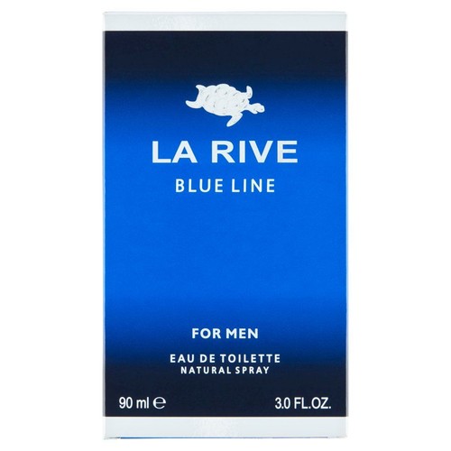 La Rive Blue Line woda toaletowa w sprayu dla mężczyzn, 90 ml. Niebieskie opakowanie z białym logo i żółwiem.