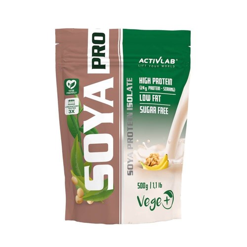 Brązowo-zielone opakowanie ACTIVLAB SOYA PRO, izolat białka sojowego, 500g. Produkt wegański, testowany laboratoryjnie. Wysoka zawartość białka (24g/porcję), niska zawartość tłuszczu, bez cukru. Grafika banana i orzechów.