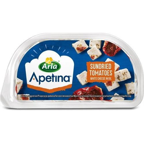 Opakowanie Arla Apetina, ser biały z suszonymi pomidorami w oleju, 100g. Na etykiecie kostki sera i pomidory.