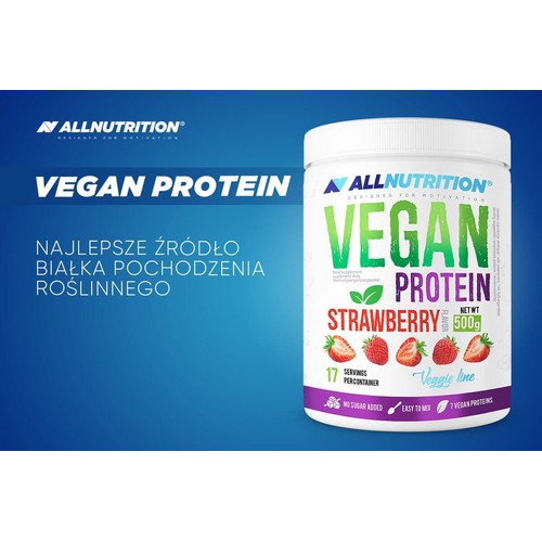 Białe opakowanie ALLNUTRITION Vegan Protein o smaku truskawkowym, 500g. Produkt zawiera 7 rodzajów białka roślinnego, bez dodatku cukru, łatwy do wymieszania. Na etykiecie widoczne truskawki i informacja o 17 porcjach.