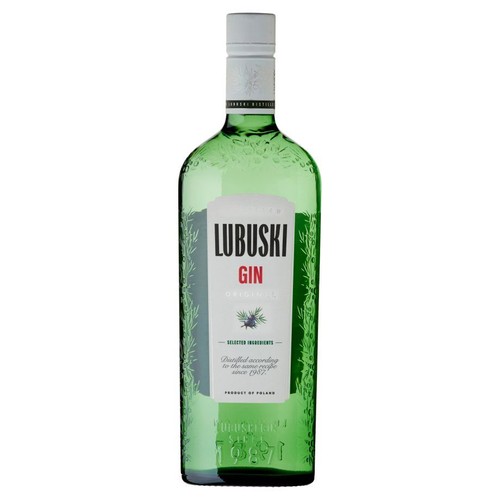Zielona szklana butelka ginu Lubuski Originals z białą etykietą. Na etykiecie widnieje nazwa "LUBUSKI GIN", informacja "Wybrane składniki" z grafiką jałowca oraz tekst "Destylowany według tej samej receptury od 1987 roku. Produkt Polski.".