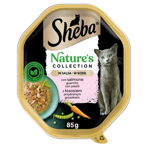 Karma dla kota Sheba Nature's Collection, 85g. Tacka z łososiem i groszkiem w sosie. Na opakowaniu grafika kota i miski z jedzeniem.