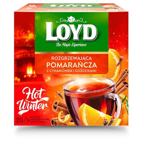 Opakowanie herbaty Loyd Rozgrzewająca Pomarańcza z Cynamonem i Goździkami, 20 torebek. Grafika z kubkiem herbaty, pomarańczą i przyprawami.