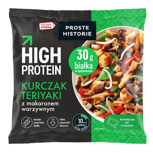 Opakowanie Proste Historie Kurczak Teriyaki z makaronem warzywnym, 30g białka. Wysoka zawartość białka, niska tłuszczu.
