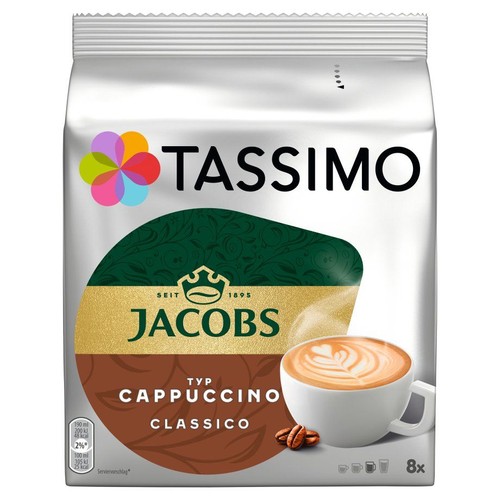 Opakowanie kawy Tassimo Jacobs Typ Cappuccino Classico. Srebrna torebka z zielonym, ozdobnym wzorem i złotym paskiem. Na froncie grafika filiżanki cappuccino z latte art i ziarnami kawy. Zawiera 8 kapsułek, każda na 190 ml napoju.