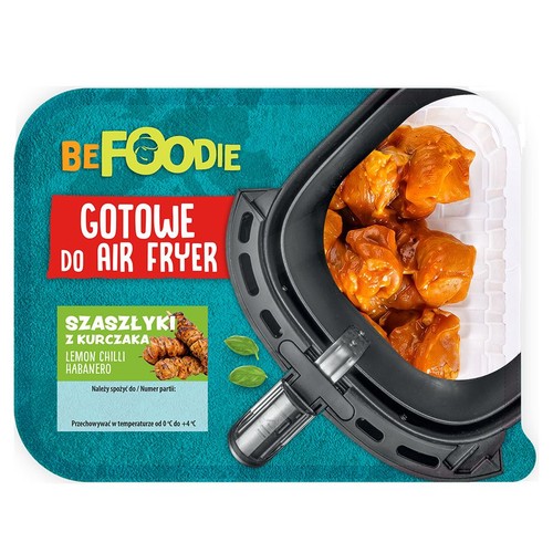 Opakowanie szaszłyków z kurczaka BeFoodie Lemon Chilli Habanero, przeznaczonych do przygotowania w air fryer.