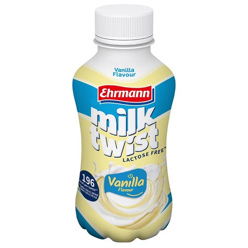 Ehrmann Milk Twist, napój mleczny bez laktozy, smak waniliowy. Biała butelka z grafiką waniliowego wiru. Zawiera 196 kcal.