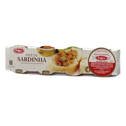 Opakowanie Fides Pasztet Sardynkowy, 4 puszki po 22g. Bez barwników i konserwantów, wysoka zawartość Omega 3, bez glutenu.