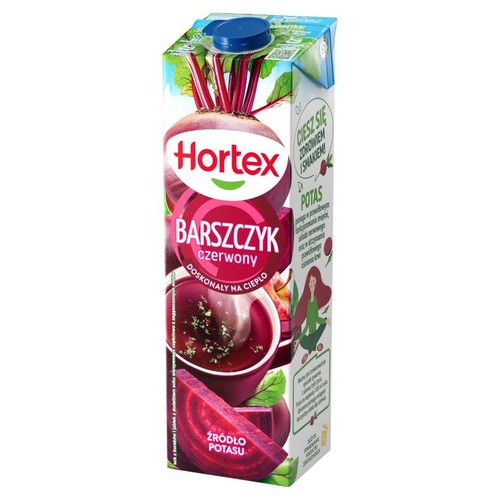 Opakowanie 1L barszczu czerwonego marki Hortex. Etykieta przedstawia buraka, miskę barszczu z ziołami i informację "Ciesz się zdrowiem i smakiem!" oraz "POTAS". Produkt idealny na ciepło.
