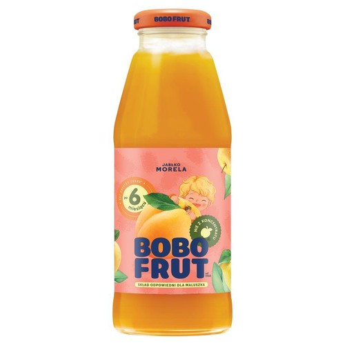 Sok Bobo Frut Jabłko Morela w szklanej butelce. Produkt dla niemowląt od 6 miesiąca, nie z koncentratu.
