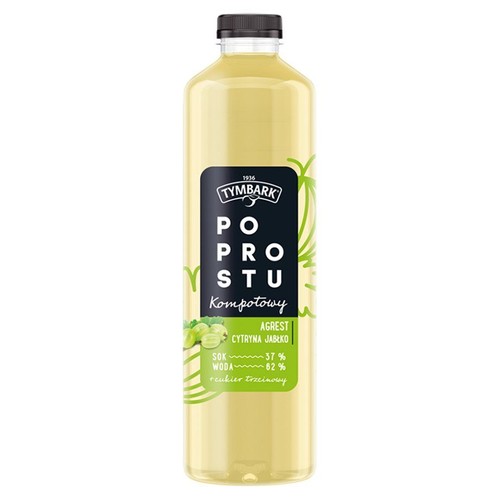 Tymbark Po Prostu Kompotowy w przezroczystej butelce z czarną zakrętką. Na czarnej etykiecie widnieje nazwa produktu oraz smaki: agrest, cytryna, jabłko. Skład to 37% soku i 62% wody.