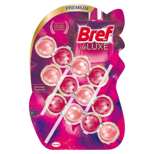 Opakowanie Bref WC de LUXE Delikatna Magnolia. Zawiera 12 różowych kulek żelowych do toalety. Na opakowaniu napis "Premium".