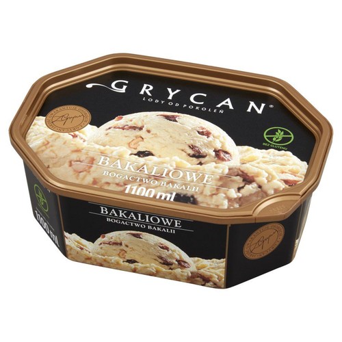Opakowanie lodów Grycan Bakaliowe, 1100 ml. Na wieczku widoczne kulki lodów z orzechami i suszonymi owocami.