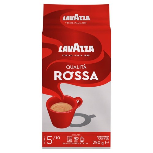 Lavazza Qualità Rossa, kawa mielona 250g. Opakowanie czerwono-białe z grafiką filiżanki. Intensywność 5/10.
