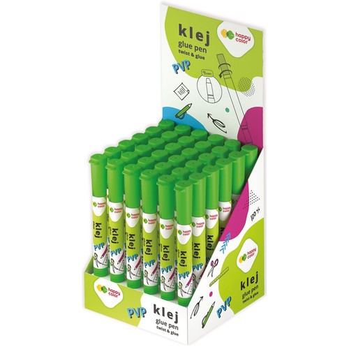 Display z zielonymi klejami w sztyfcie Happy Color "klej glue pen twist & glue". Wiele sztuk w kartonowym stojaku.