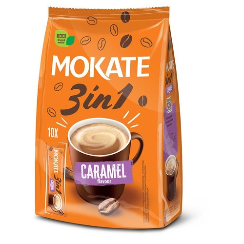Kawa rozpuszczalna Mokate 3in1 Caramel w pomarańczowej torebce. Opakowanie zawiera 10 saszetek.