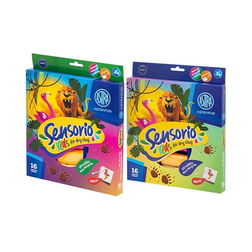 Dwa opakowania masy plastycznej Sensorio Kids Air dry clay, 16 kolorów. Na pudełkach grafika lwa, flamingów i łap.